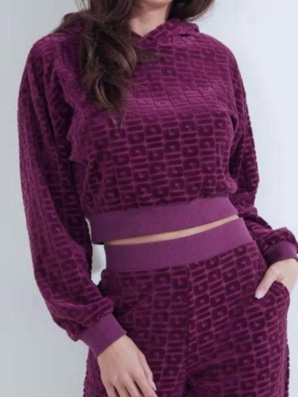 Guess after party velour maroon hooded pullover crop top women’s size small NWT